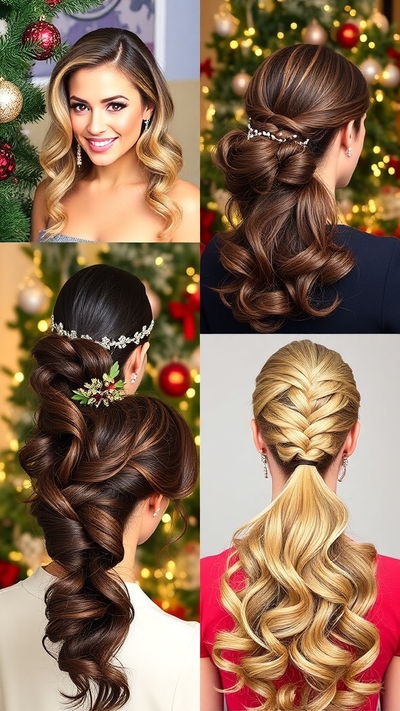 Collage of Christmas hairstyles with extensions: curls, updo, braid, ponytail.